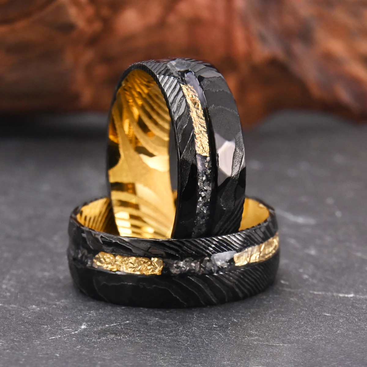 Black Hammered Damascus Steel Men’s Ring