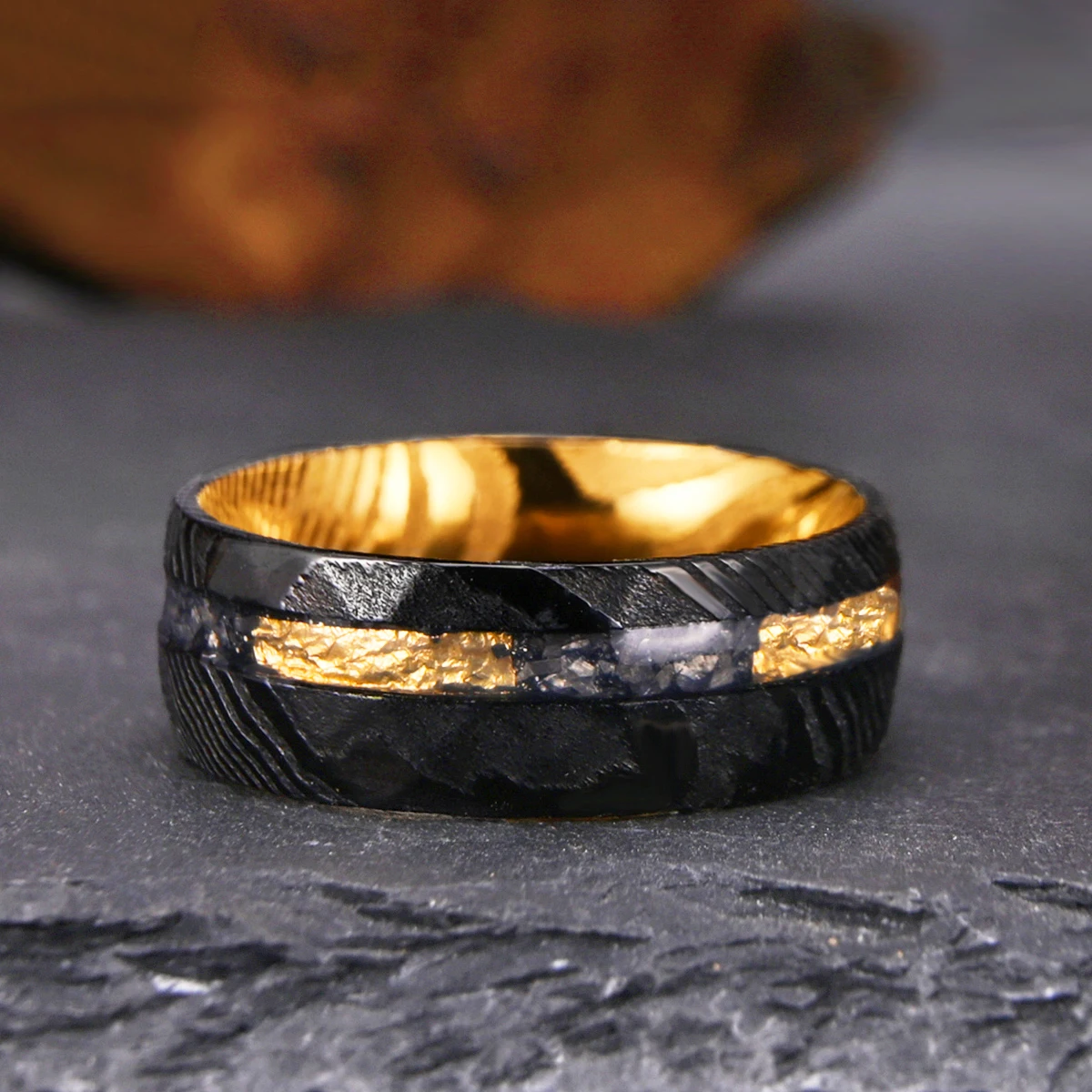 Black Hammered Damascus Steel Men’s Ring