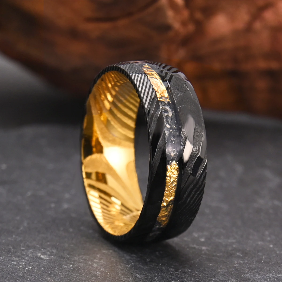 Black Hammered Damascus Steel Men’s Ring