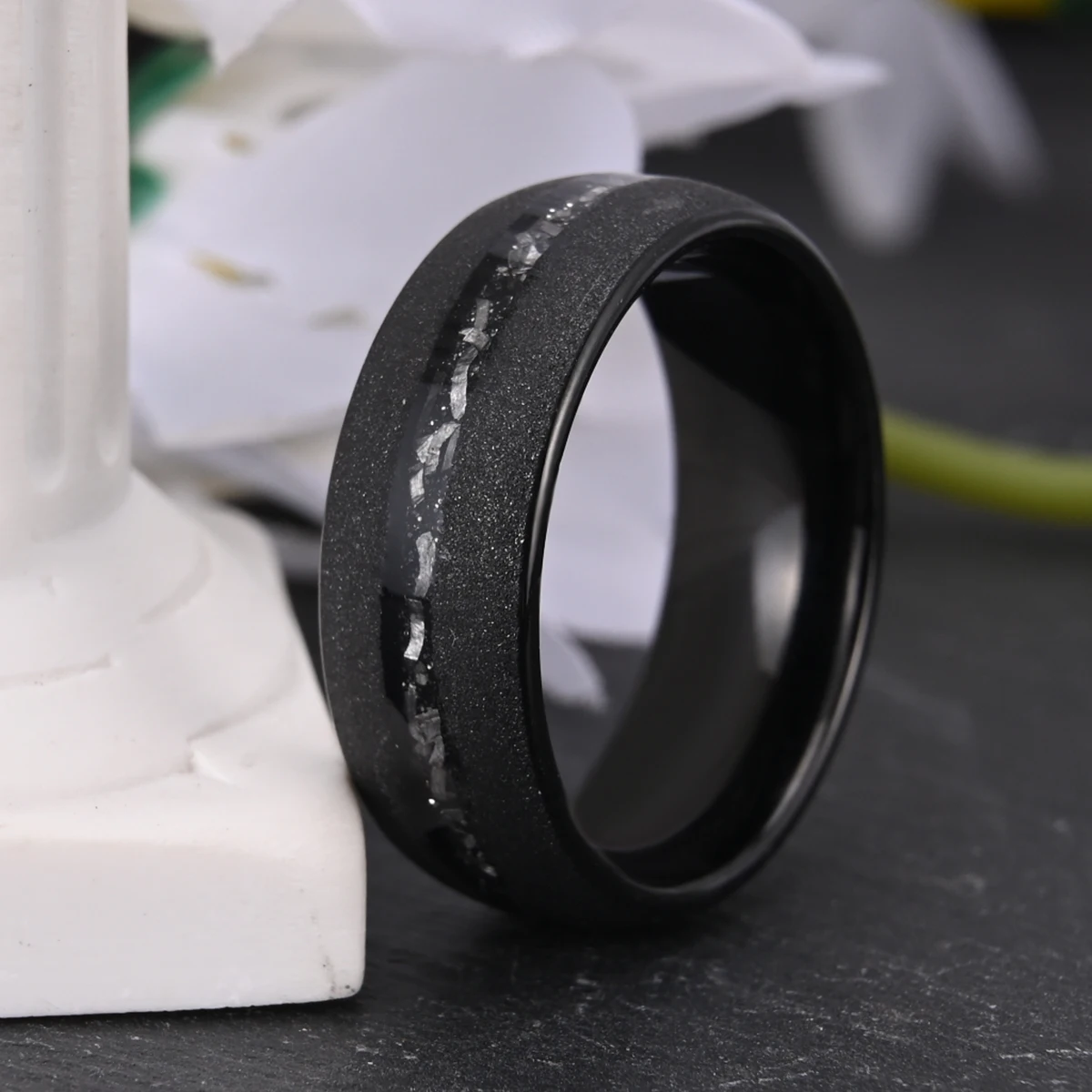 Black Sandblasted Meteorite Tungsten Ring