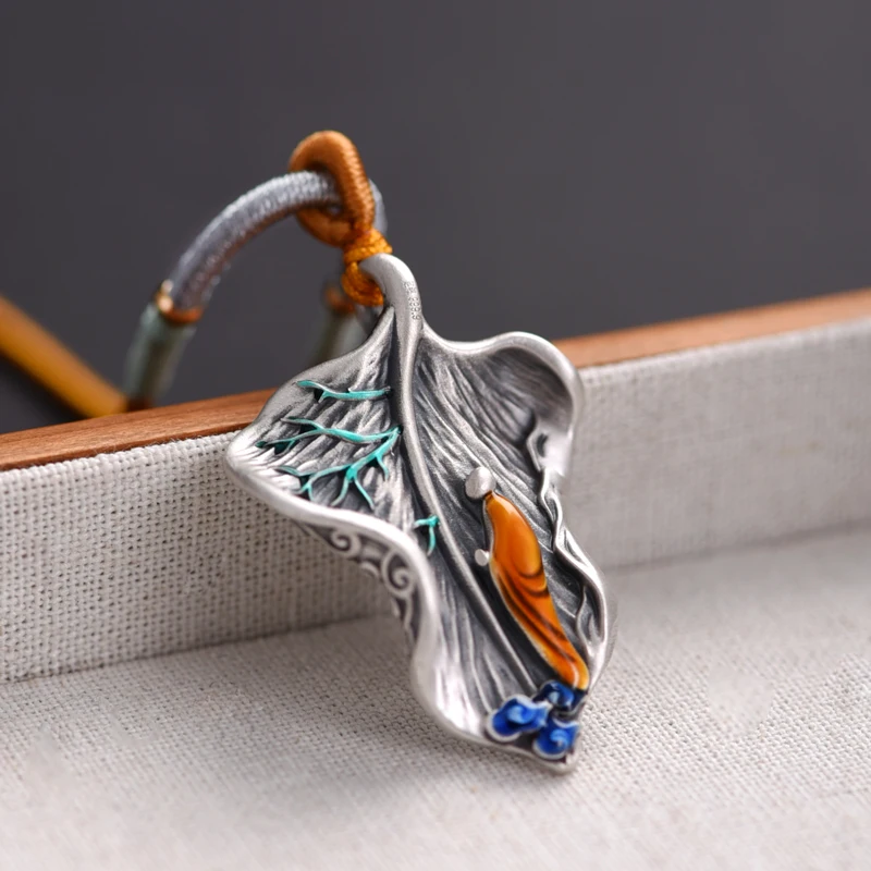 One Leaf Bodhi Necklace 999 Silver Enamel Pendant