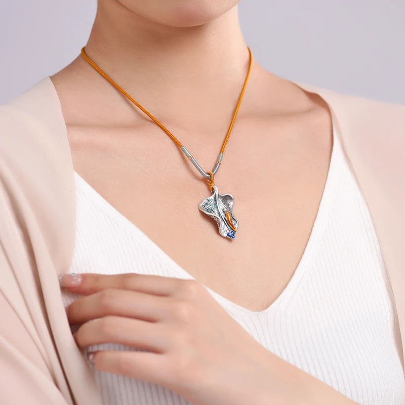 One Leaf Bodhi Necklace 999 Silver Enamel Pendant