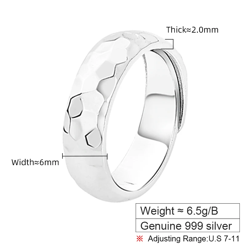 999 Fine Silver Hammered Texture Unisex Ring