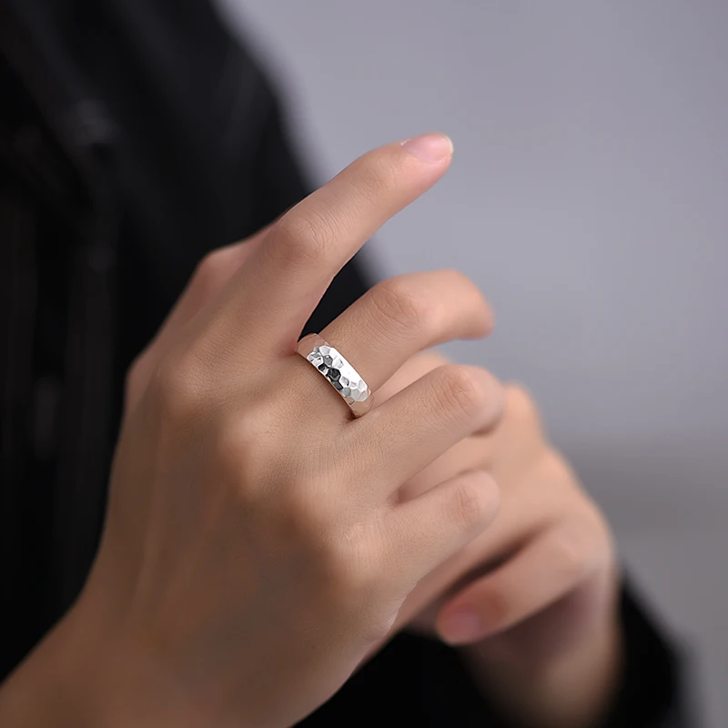 999 Fine Silver Hammered Texture Unisex Ring