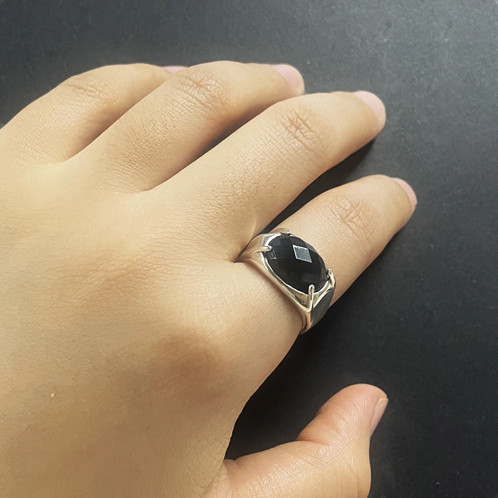 Sterling Silver Natural Black Agate Ring