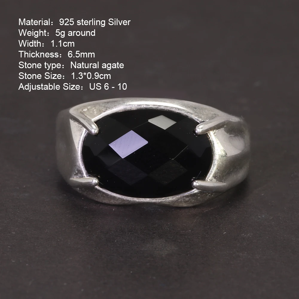 Sterling Silver Natural Black Agate Ring