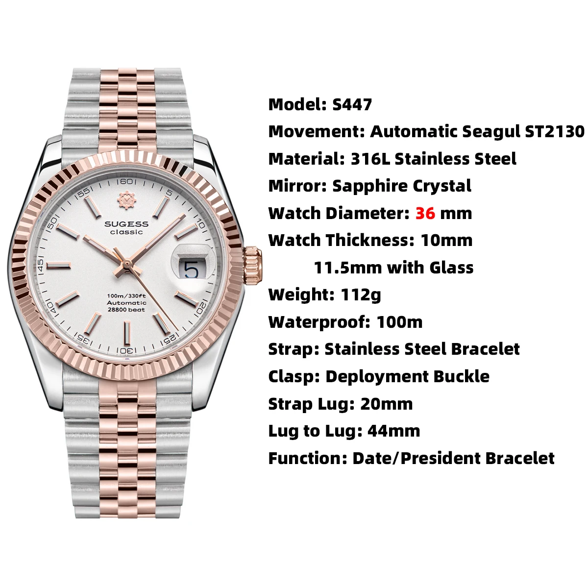 Sugess S447 36mm Men’s Automatic Watch