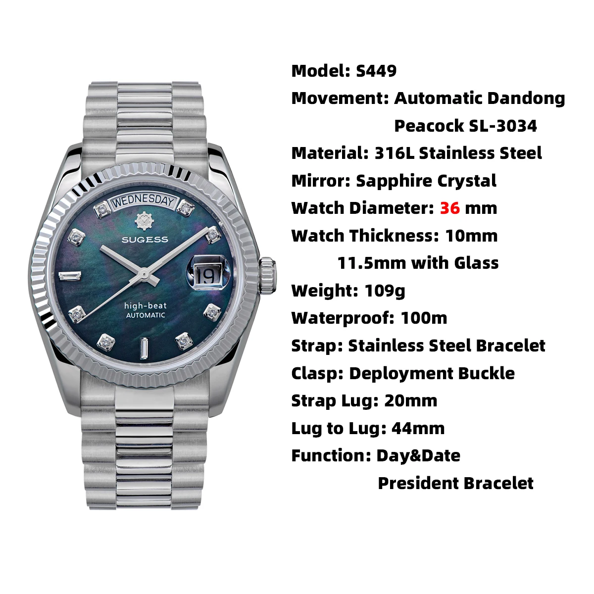 Sugess S449 Heritage MOP Dial 36DD Watch