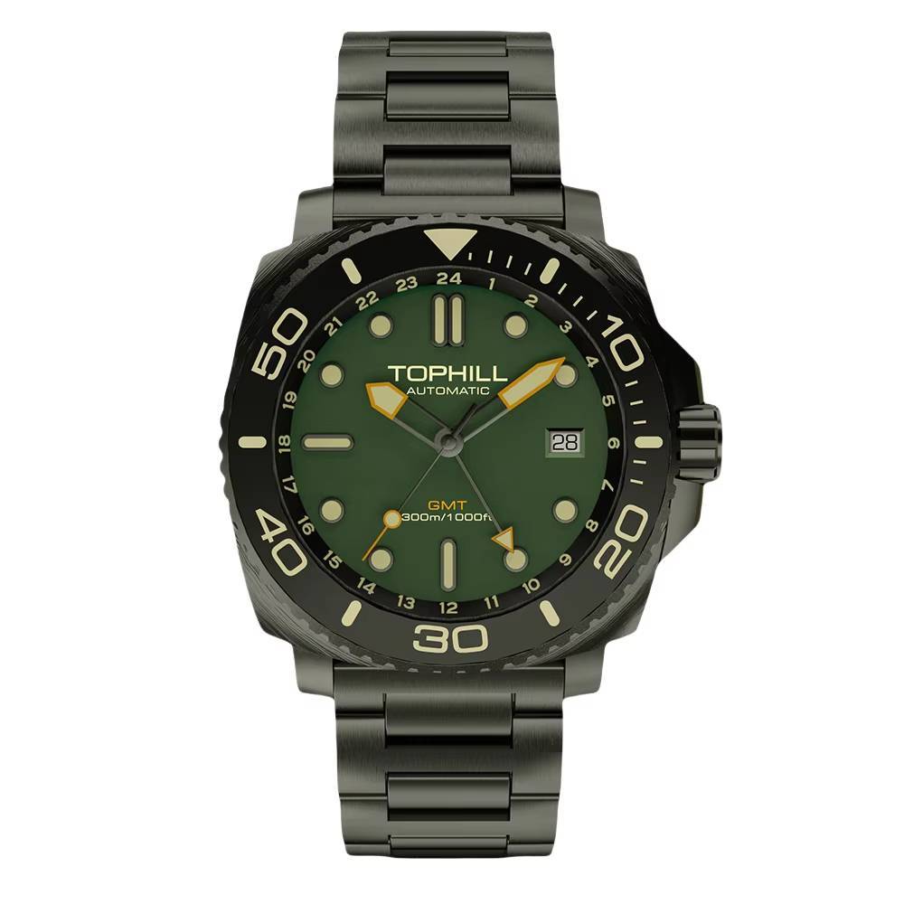 TOPHILL TD012G NH34 GMT Diver in Aurora Deep Green on steel bracelet