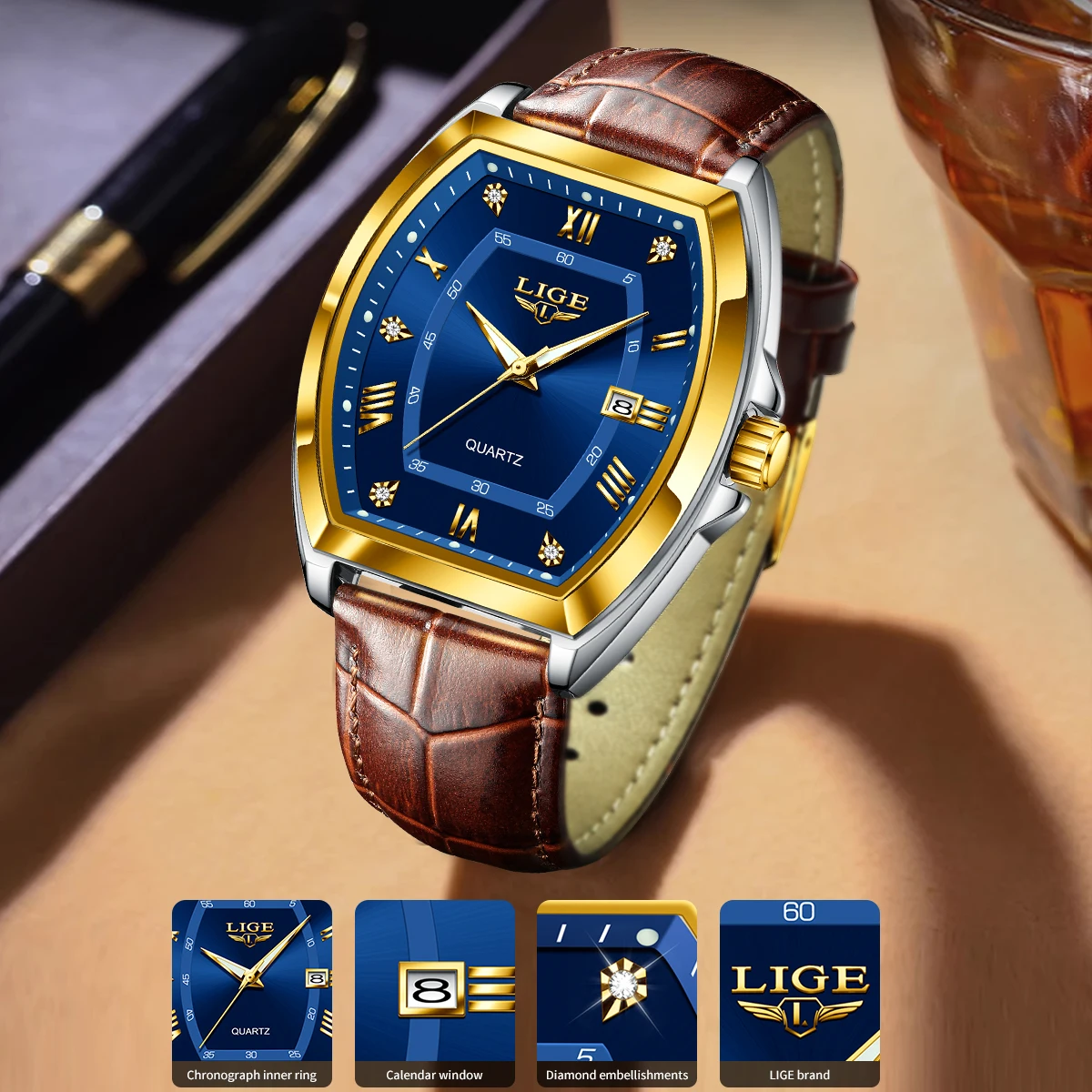 LIGE Men’s Quartz Watch with Diamond Dial