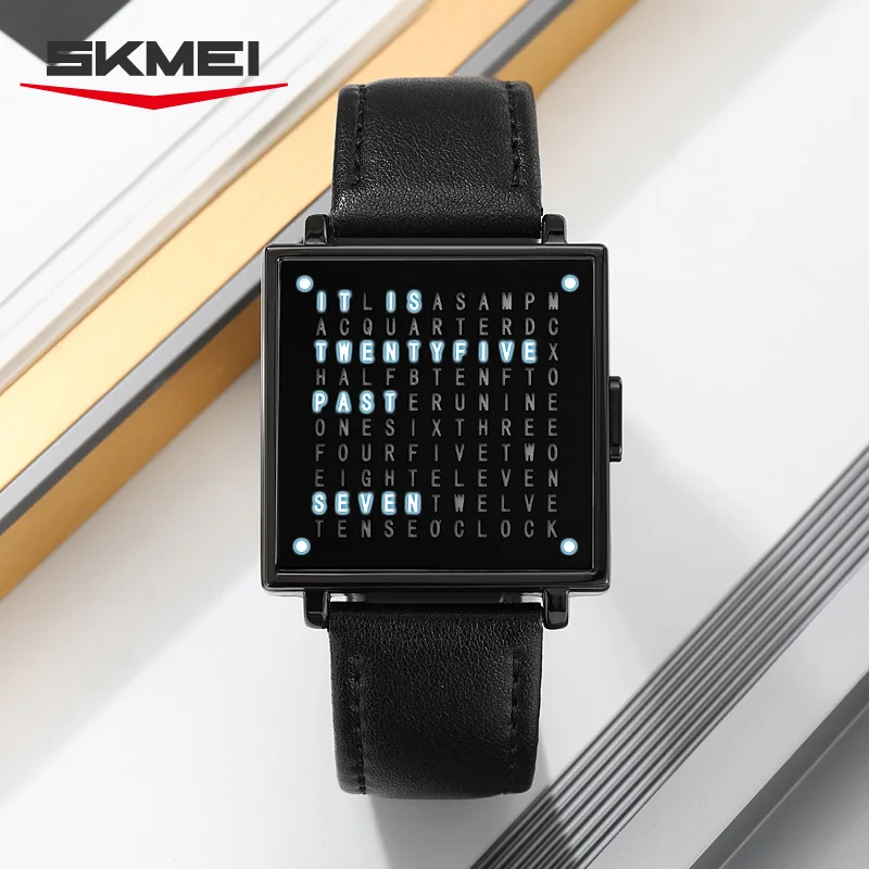 Word Display LED Watch with Leather Strap