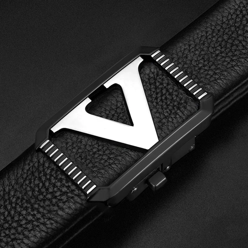 Black Leather Belt with V-Shaped Buckle