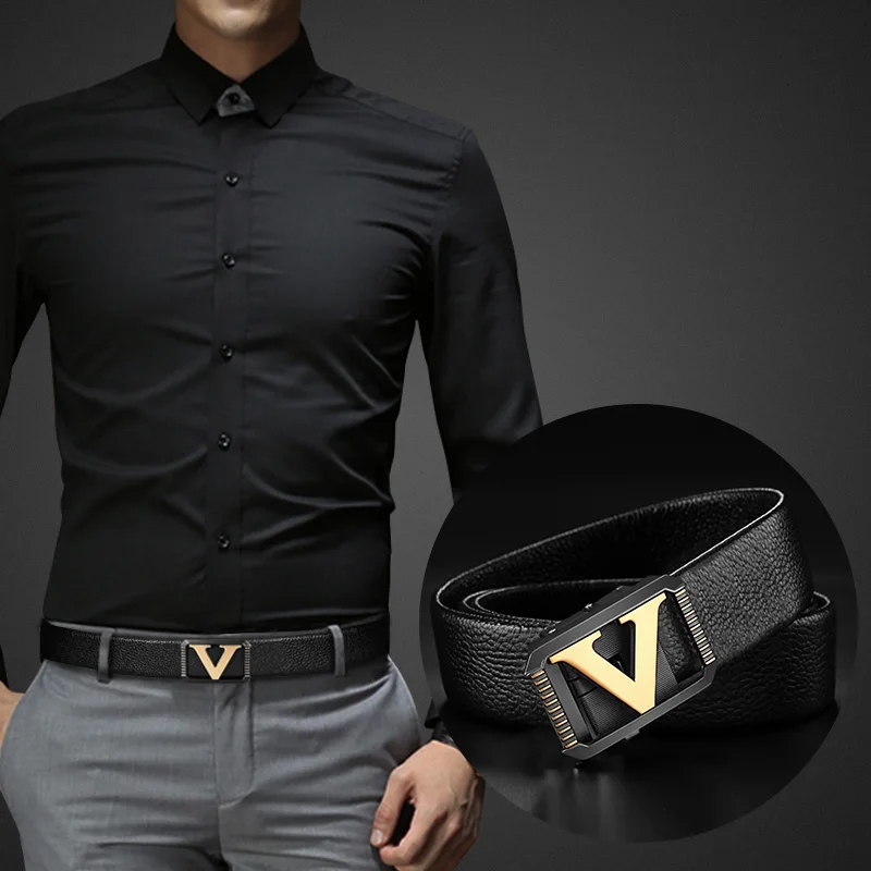 Black Leather Belt with V-Shaped Buckle