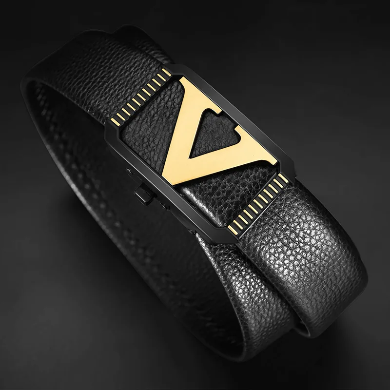 Black Leather Belt with V-Shaped Buckle
