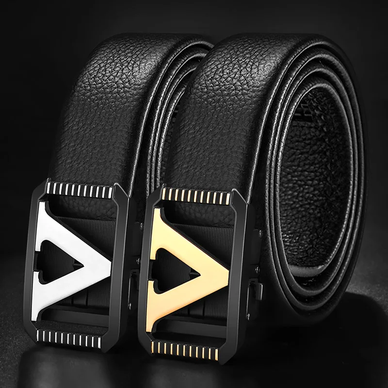 Black Leather Belt with V-Shaped Buckle