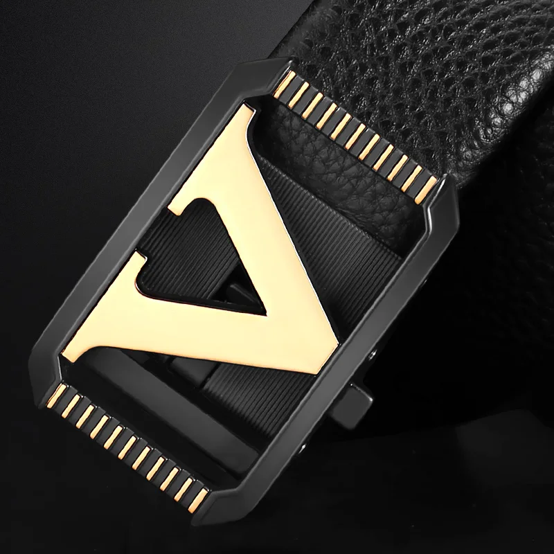 Black Leather Belt with V-Shaped Buckle
