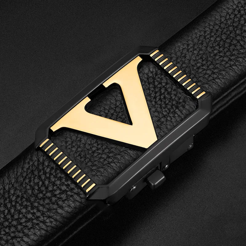 Black Leather Belt with V-Shaped Buckle