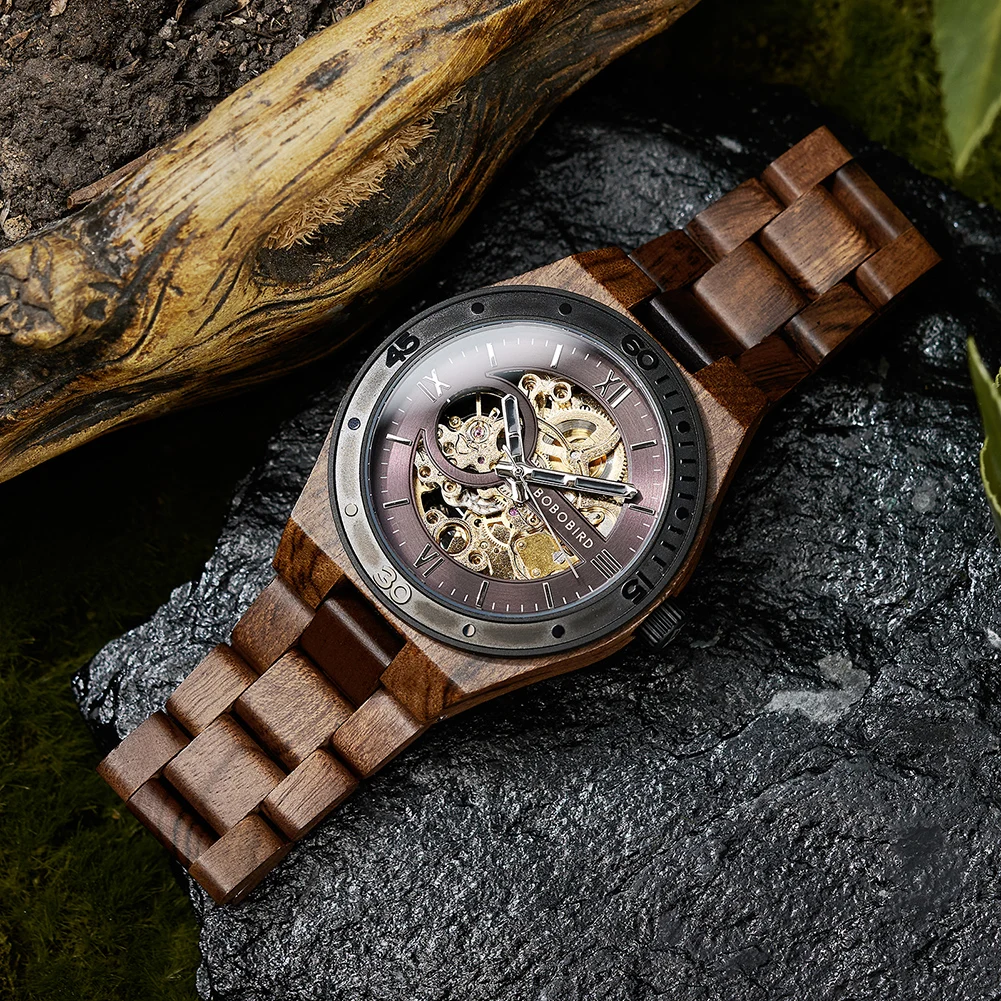 BOBO BIRD Skeleton Dial Wooden Watch