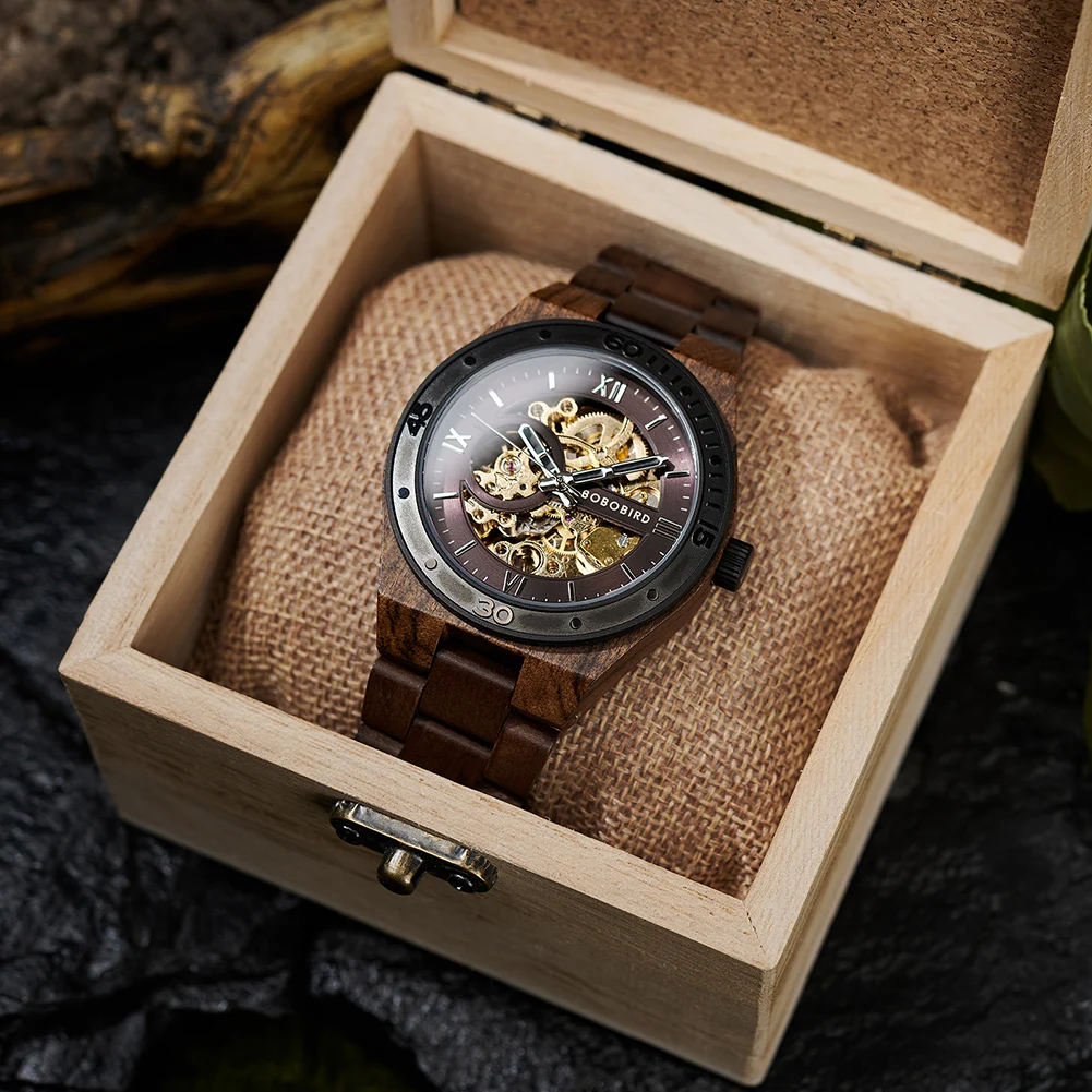 BOBO BIRD Skeleton Dial Wooden Watch