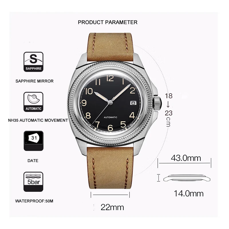 Parnis 38mm Automatic Pilot Watch