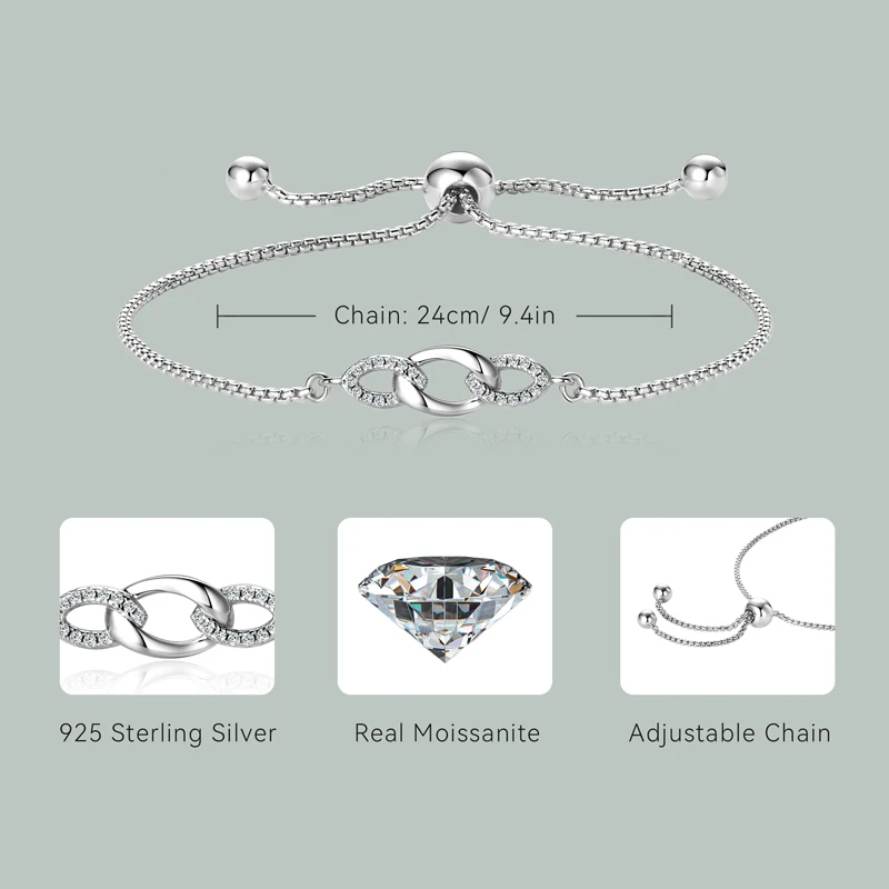 Adjustable Sterling Silver Moissanite Chain Bracelet
