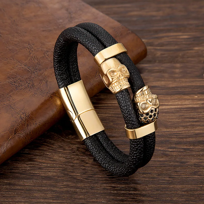 DeadRider™ – Double Skull Leather Bracelet