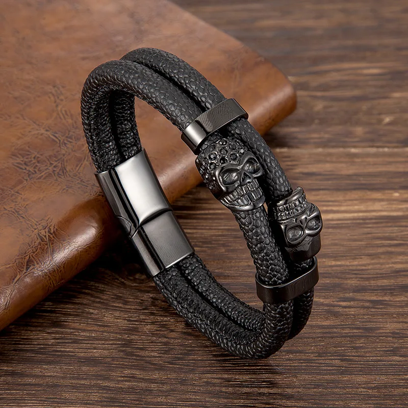 DeadRider™ – Double Skull Leather Bracelet