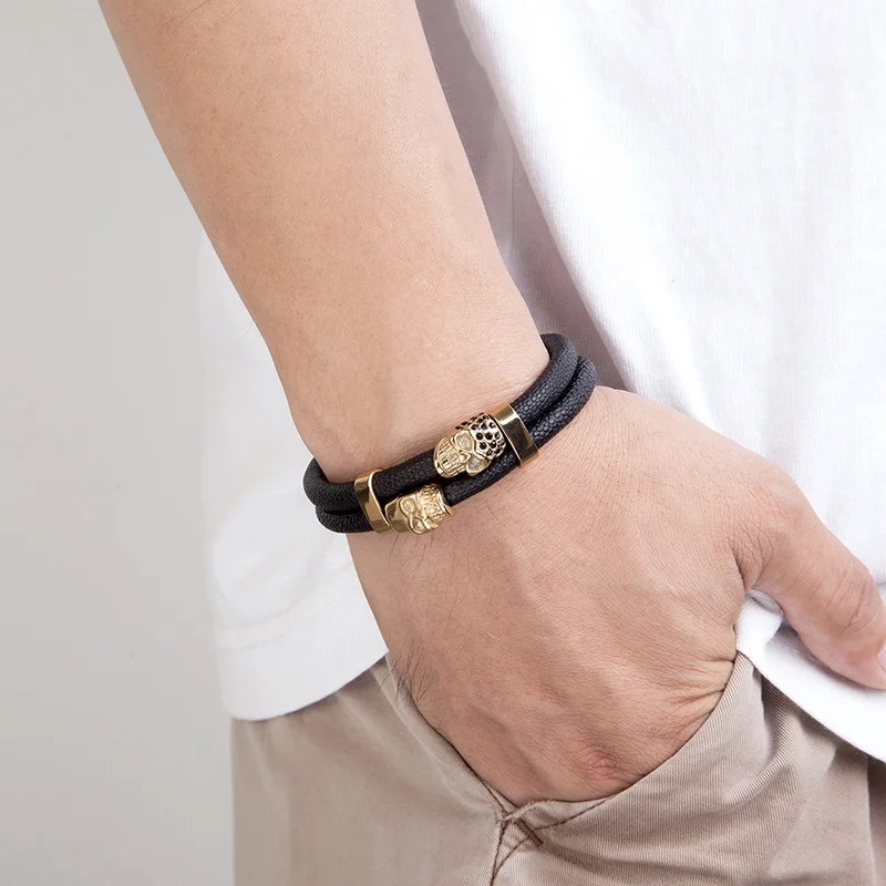 DeadRider™ – Double Skull Leather Bracelet