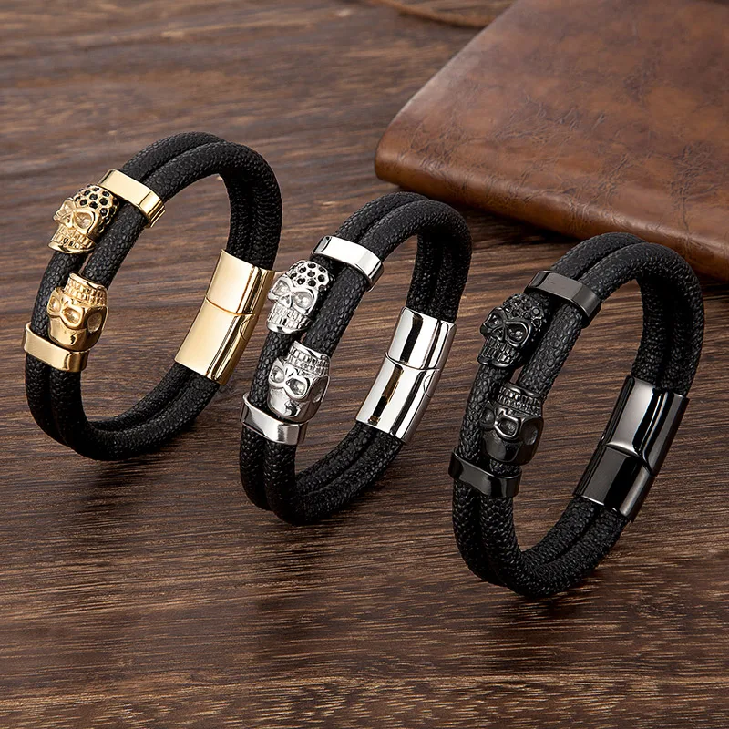 DeadRider™ – Double Skull Leather Bracelet