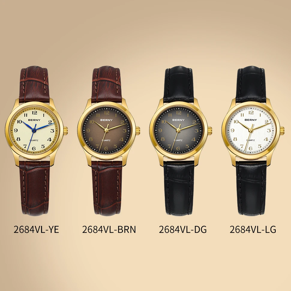 BERNY Women’s Gold Quartz Watch – Leather Strap