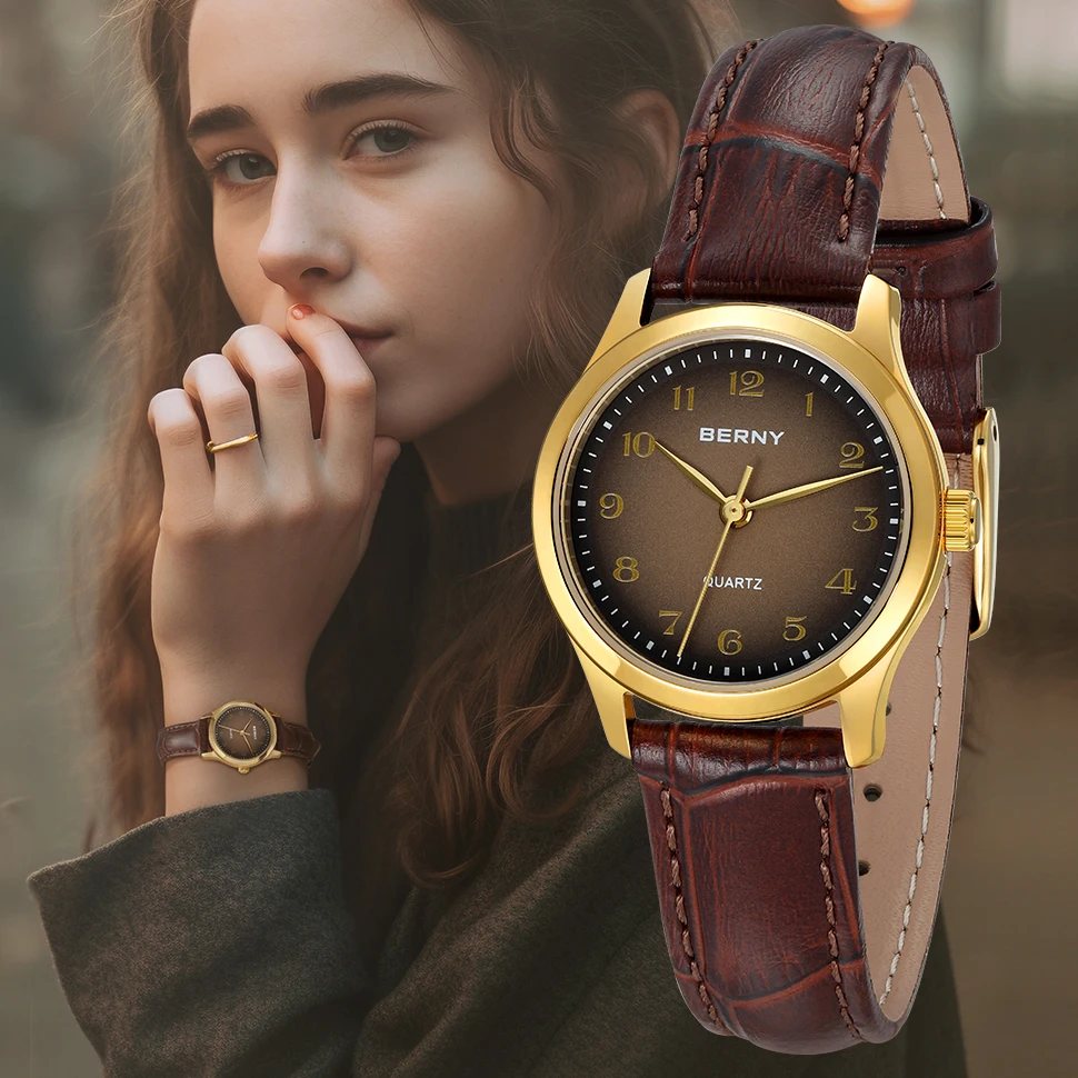 BERNY Women’s Gold Quartz Watch – Leather Strap