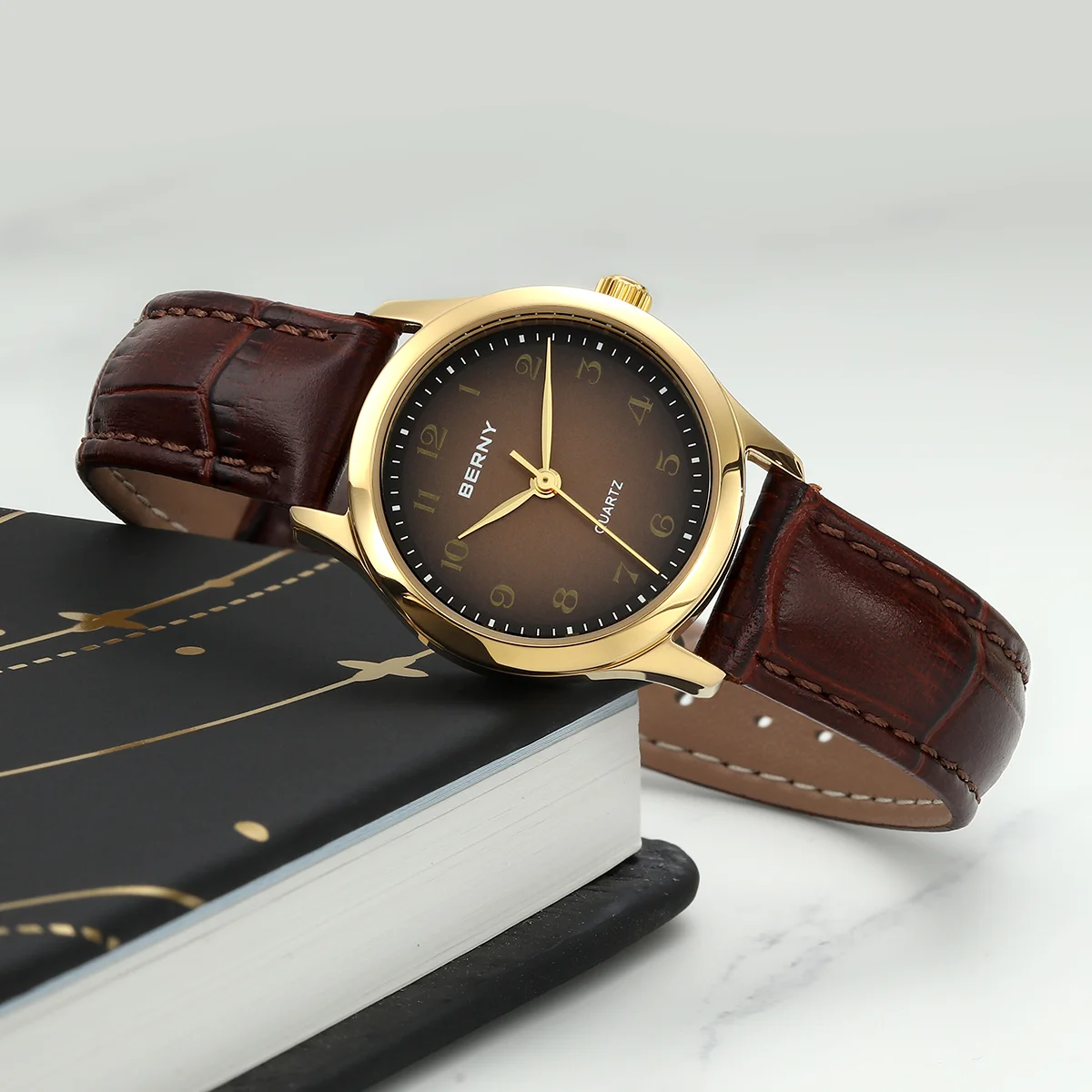 BERNY Women’s Gold Quartz Watch – Leather Strap