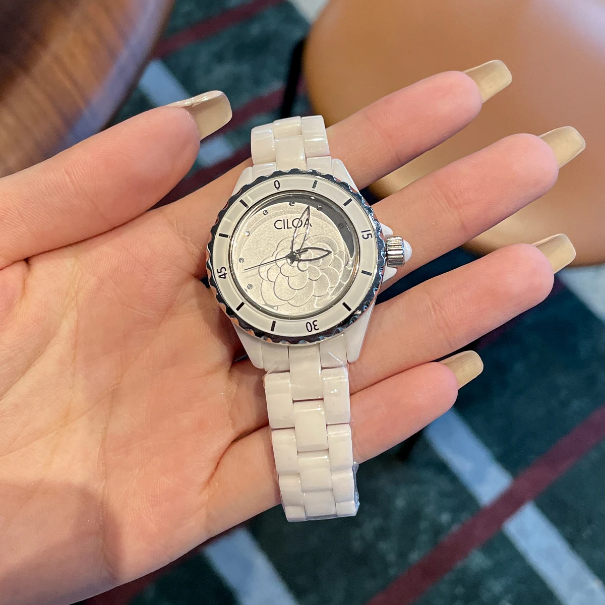 White Ceramic Camellia Watch – Elegant & Waterproof 2025