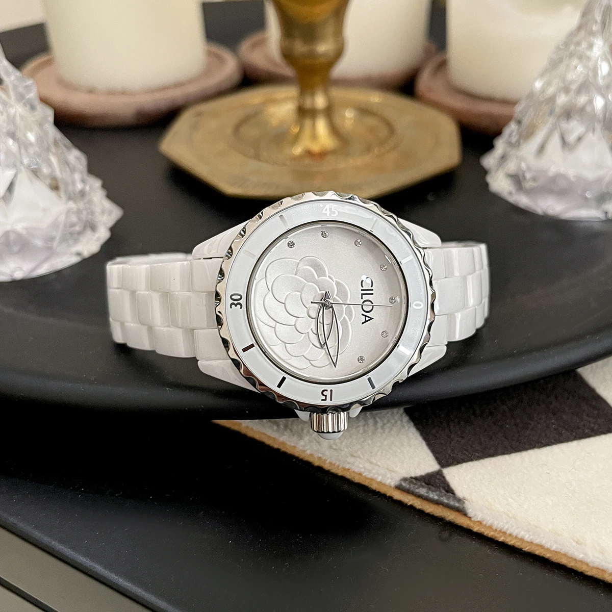White Ceramic Camellia Watch – Elegant & Waterproof 2025