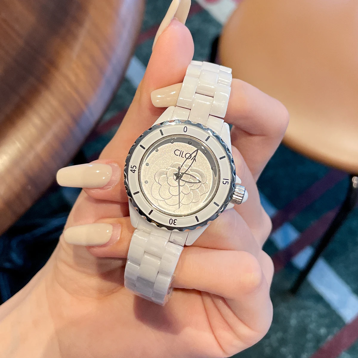 White Ceramic Camellia Watch – Elegant & Waterproof 2025