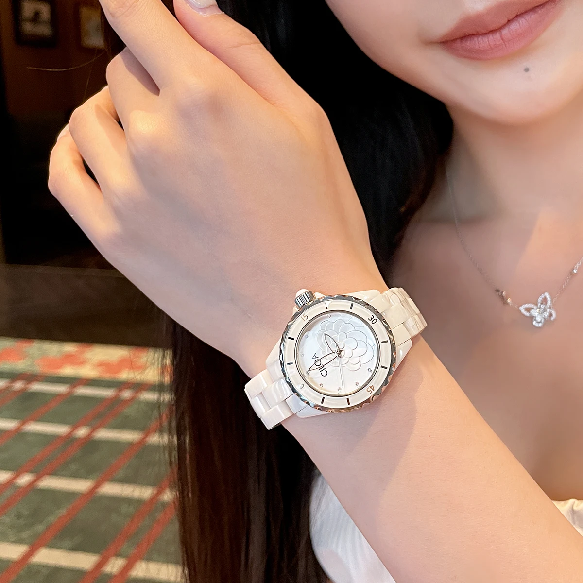 White Ceramic Camellia Watch – Elegant & Waterproof 2025