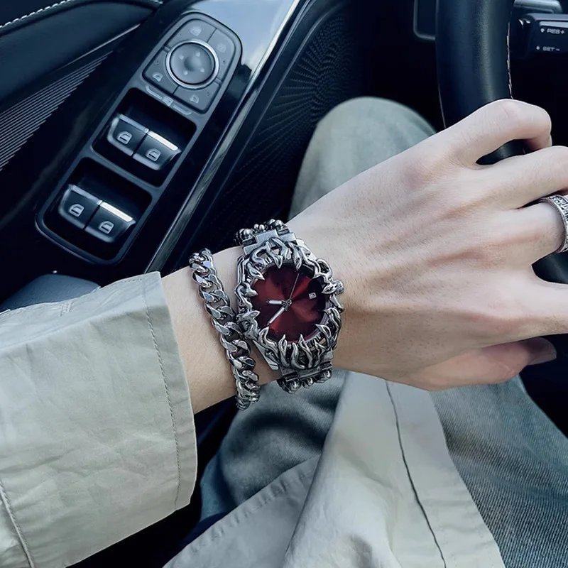 Claw Flame Design Quartz Watch Retro Y2K Alabaster-Style Numberless Alloy Bracelet Timepiece