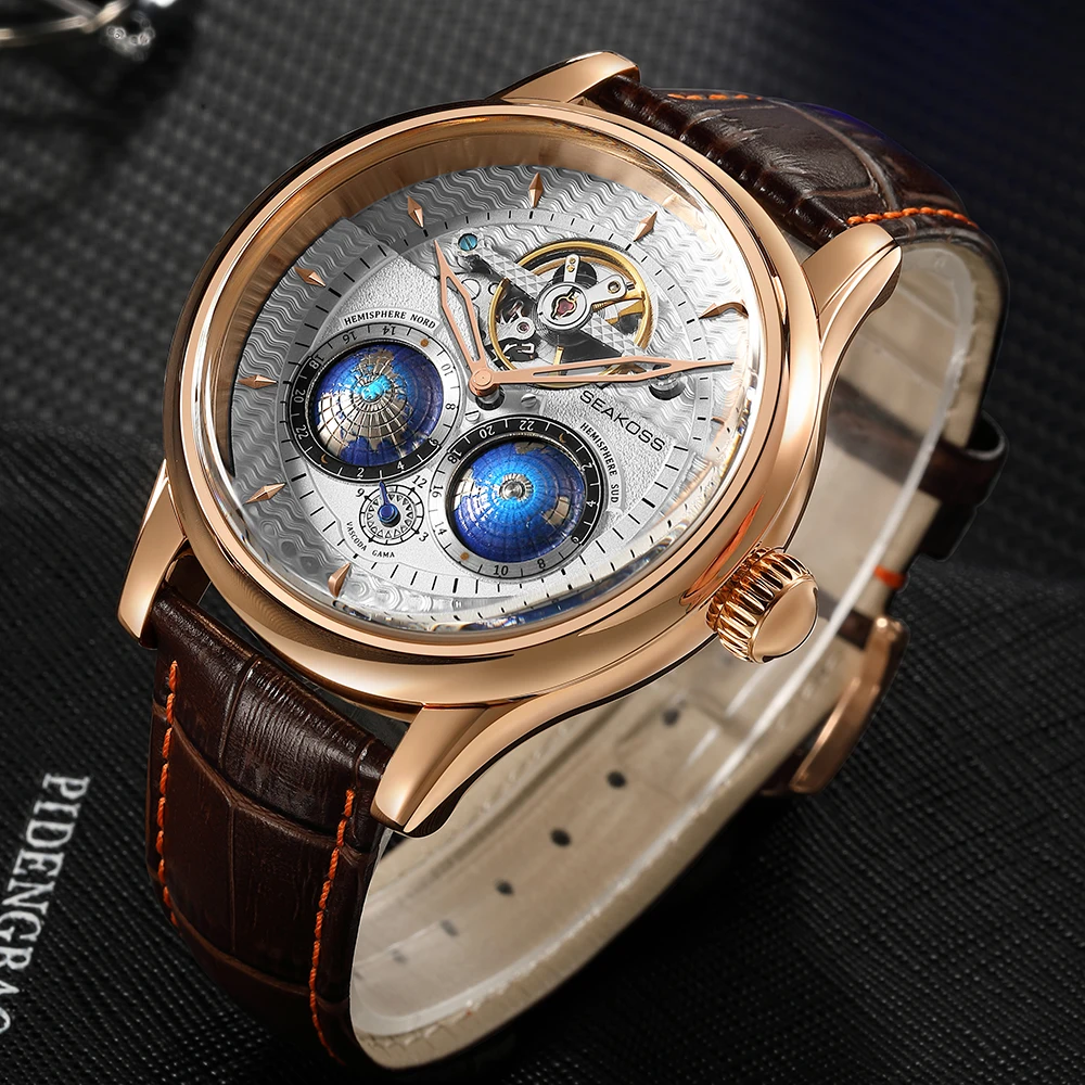 SEAKOSS Dual Earth Rotating Mechanical Watch – 24-Hour Automatic Tourbillon Watches For Men Color : five with box|two with box|one with box|four with box|three with box 
