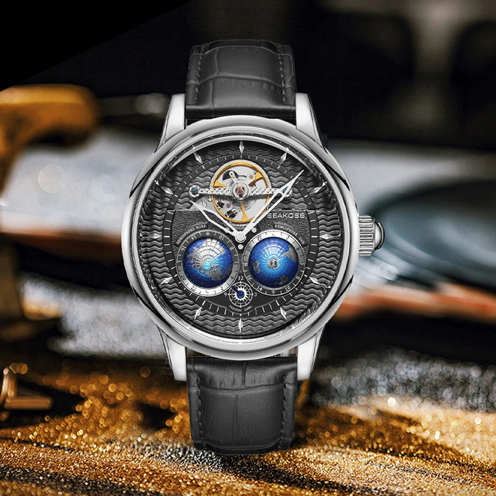 SEAKOSS Dual Earth Rotating Mechanical Watch – 24-Hour Automatic Tourbillon Watches For Men Color : five with box|two with box|one with box|four with box|three with box 