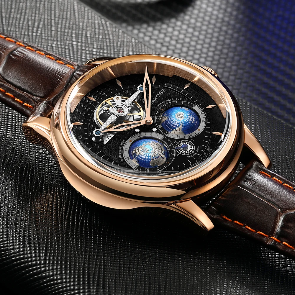 SEAKOSS Dual Earth Rotating Mechanical Watch – 24-Hour Automatic Tourbillon Watches For Men Color : five with box|two with box|one with box|four with box|three with box 