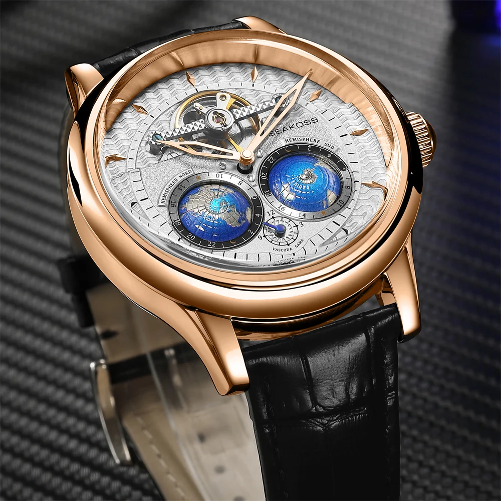 SEAKOSS Dual Earth Rotating Mechanical Watch – 24-Hour Automatic Tourbillon Watches For Men Color : five with box|two with box|one with box|four with box|three with box 
