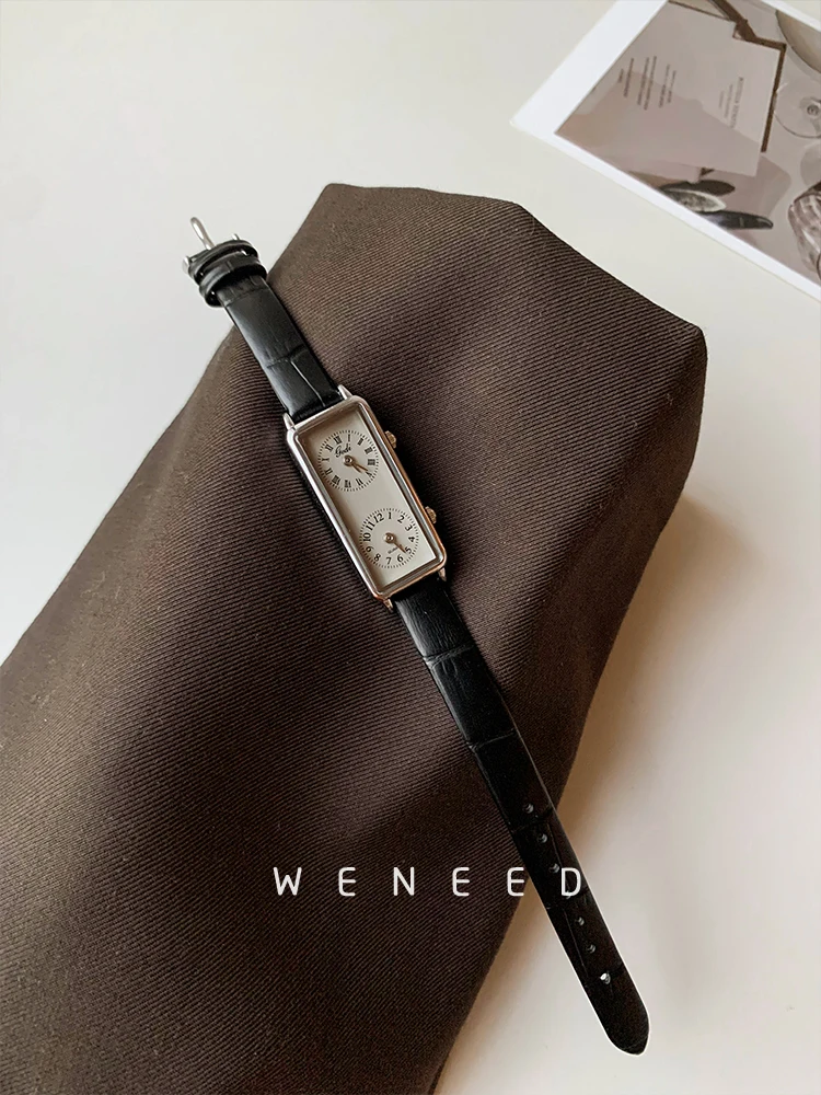 Vintage Rectangular Double Dial Women’s Quartz Watch with Leather Strap Women's Watches Color : A|B|C 