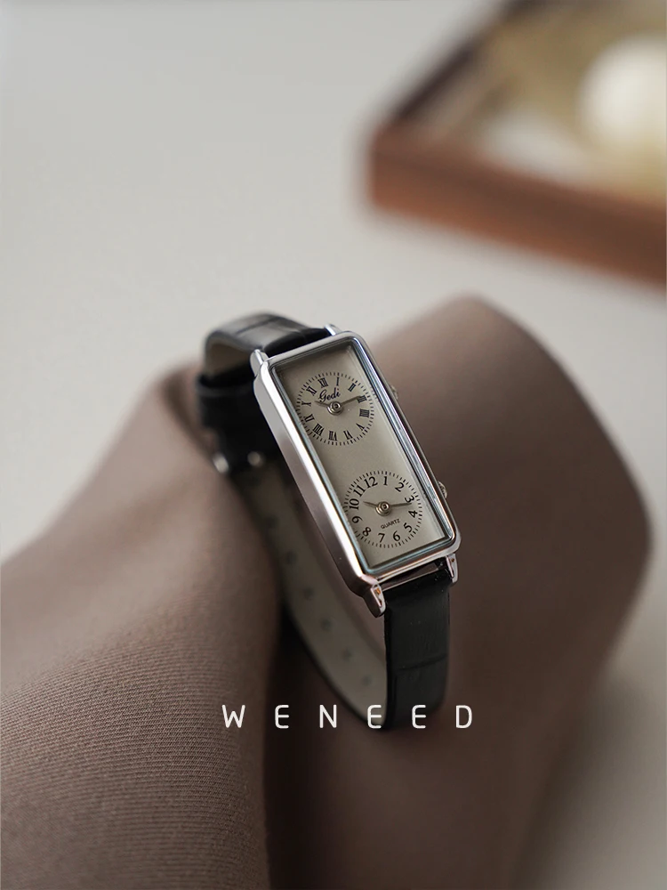 Vintage Rectangular Double Dial Women’s Quartz Watch with Leather Strap Women's Watches Color : A|B|C 