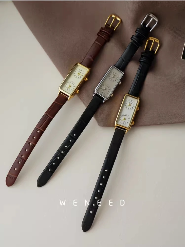 Vintage Rectangular Double Dial Women’s Quartz Watch with Leather Strap Women's Watches Color : A|B|C 