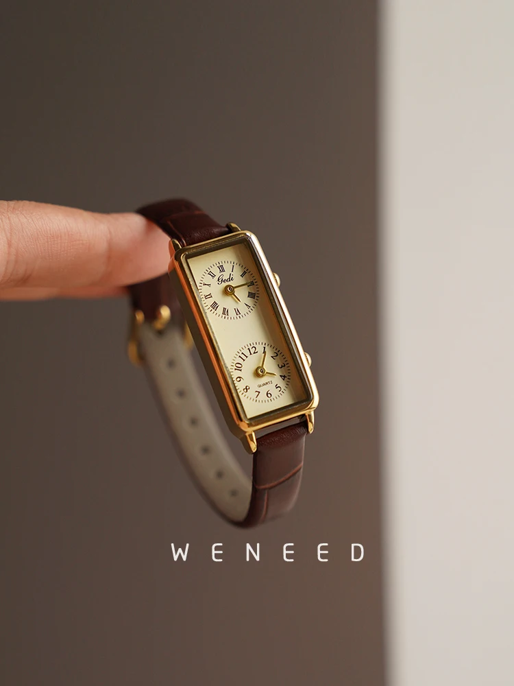 Vintage Rectangular Double Dial Women’s Quartz Watch with Leather Strap Women's Watches Color : A|B|C 