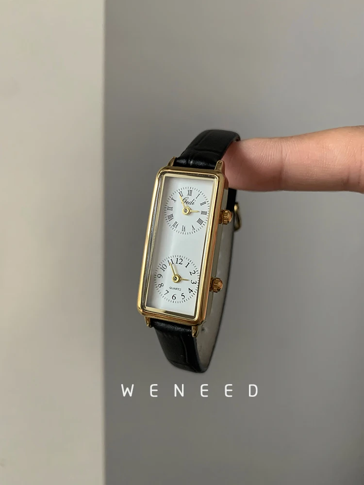 Vintage Rectangular Double Dial Women’s Quartz Watch with Leather Strap Women's Watches Color : A|B|C 