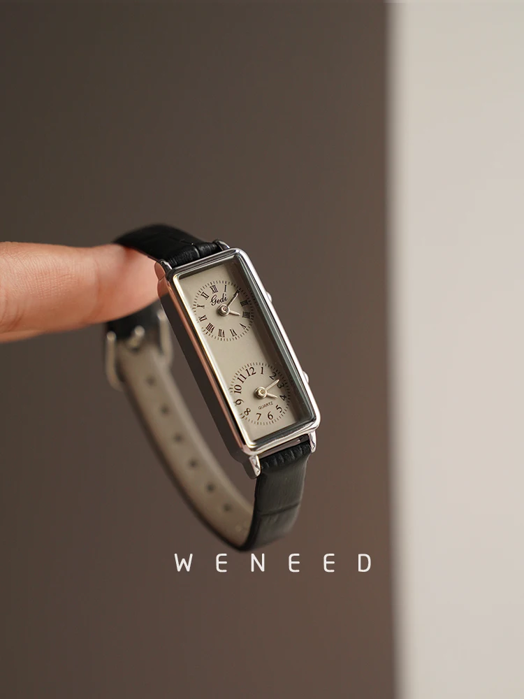 Vintage Rectangular Double Dial Women’s Quartz Watch with Leather Strap Women's Watches Color : A|B|C 