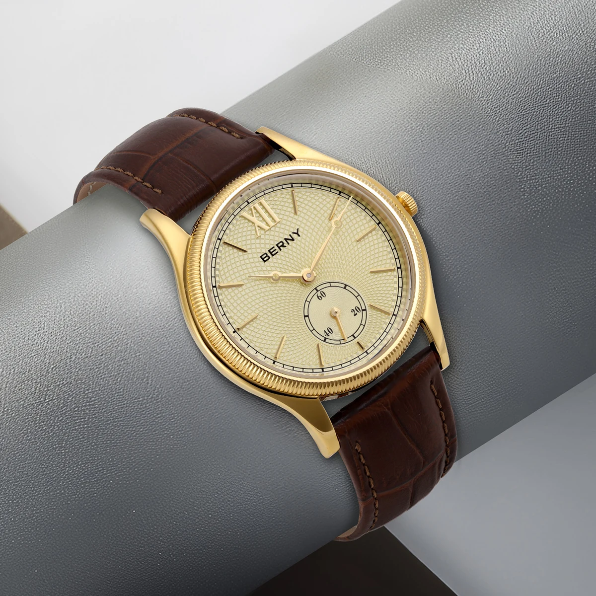 BERNY 2945M Men’s Quartz Dress Watch – Ultra-Thin 7.5mm Gold Case, Miyota 1L45, Leather Strap, 38mm Berny Watches Color : 2945M-GRN|2945M-A|2945M-LB|2945M-BRN|2945M-YE|2945M-B|2945M-C 