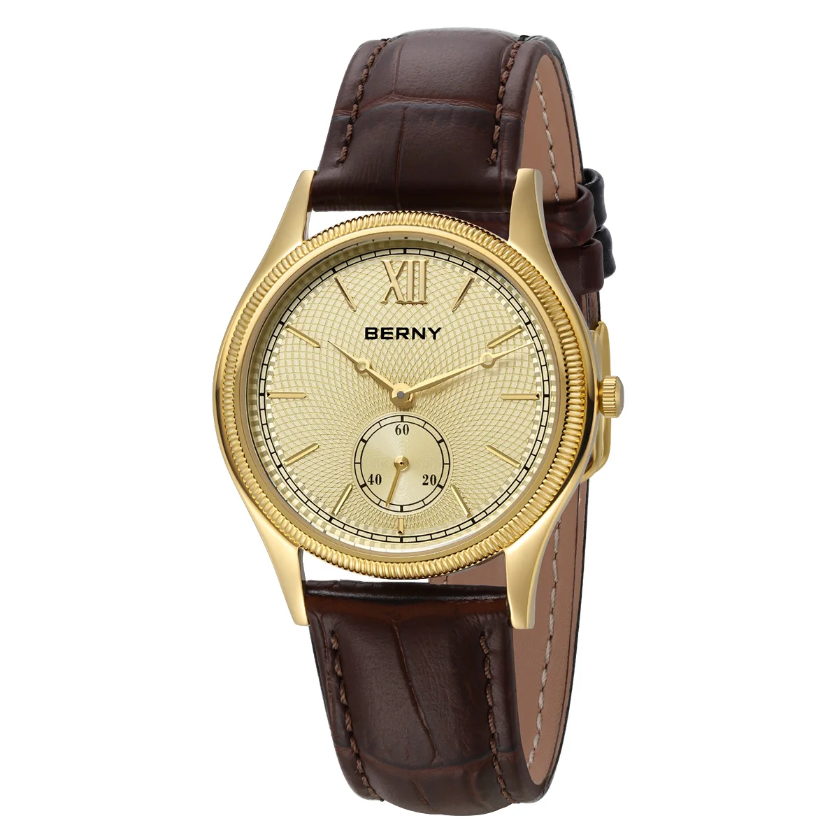 BERNY 2945M Men’s Quartz Dress Watch – Ultra-Thin 7.5mm Gold Case, Miyota 1L45, Leather Strap, 38mm Berny Watches Color : 2945M-GRN|2945M-A|2945M-LB|2945M-BRN|2945M-YE|2945M-B|2945M-C 