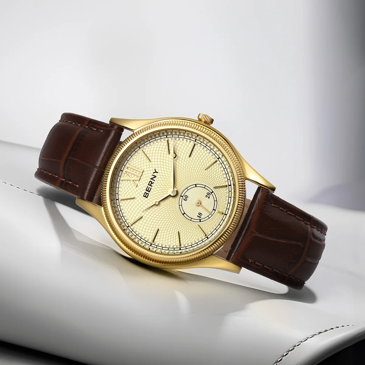 BERNY 2945M Men’s Quartz Dress Watch – Ultra-Thin 7.5mm Gold Case, Miyota 1L45, Leather Strap, 38mm Berny Watches Color : 2945M-GRN|2945M-A|2945M-LB|2945M-BRN|2945M-YE|2945M-B|2945M-C 